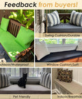Custom Size Bench Cushion For Indoor Outdoor Use With 70D Foam Waterproof Cover Embroidery And Made To Your Specs Fits Patio Couch Bay Window Chair Sofa Swing Garden Seat And Breakfast Nook shown in various settings including outdoors, swing, window, and pet-friendly use.