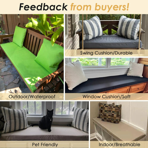Custom Size Bench Cushion For Indoor Outdoor Use With 70D Foam Waterproof Cover Embroidery And Made To Your Specs Fits Patio Couch Bay Window Chair Sofa Swing Garden Seat And Breakfast Nook shown in various settings including outdoors, swing, window, and pet-friendly use.