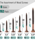 Job Site Ready Wood Screw Assortment Kit, 152 Pieces Bronze Galvanized Flat Head Phillips Drives, six sizes displayed.