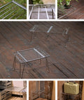 Expandable Slim Camping Rack Foldable Gear Shelf for Tent, Car, and RV Camping, shown in various settings and uses.