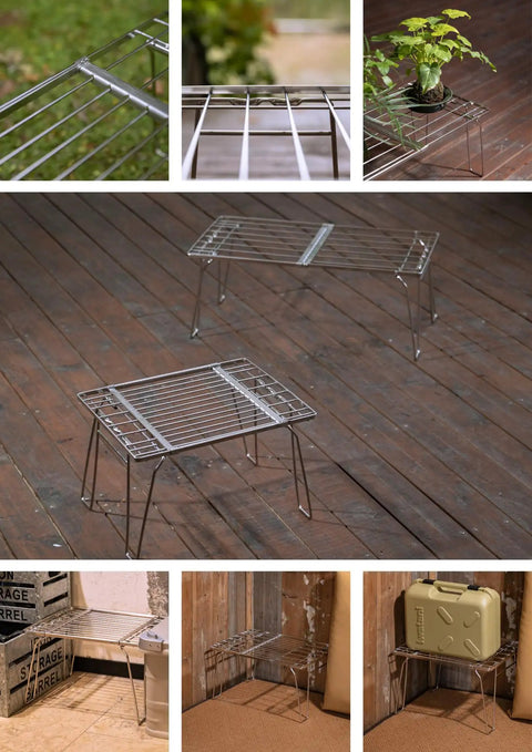 Expandable Slim Camping Rack Foldable Gear Shelf for Tent, Car, and RV Camping, shown in various settings and uses.