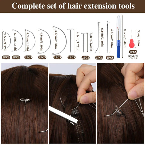 Hair Needle And Thread Kit With Eight Rolls Of Hair Extension Thread And Eighteen Needles For Wig Making, Hand Sewing, And Leather Repairing In An All In One Travel Case showing needle sizes and usage on wig.