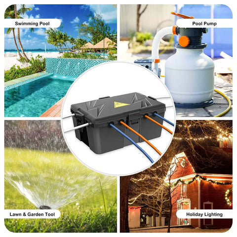 Heavy Duty Outdoor Electrical Junction Box With IP54 Waterproof Shield And Bully Tight Cord Locks For Reliable Extension Cover protecting wires for pool, garden, and holiday lighting.