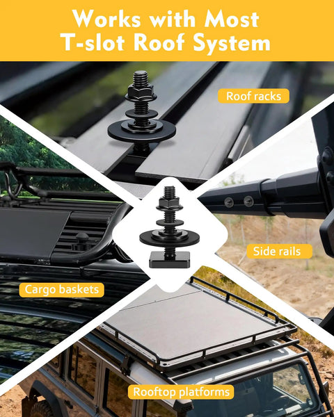 T Slot Bolts For Roof Rack Cross Bars And T Track Adapters For Bike Ski Kayak Racks Platform Cargo Basket Mounts Solar Panel And Awning Attachments 4mm Thick Stainless Steel in use