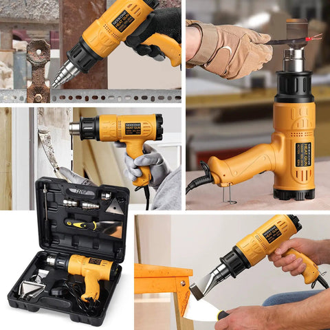 Heat Gun 1800W Heavy Duty Hot Air Tool Kit With Carry Case Variable Temperature Control 122F To 1112F From 50C To 600C Overload Protection With 4 Nozzles For Crafts Shrinking PVC Stripping Paint in use for various DIY tasks and crafts.