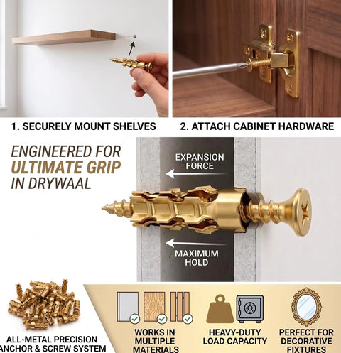 Pro Grade Heavy Duty Door Hinge Repair Kit With 6x14mm Short Expansion Screws shown securing shelves and cabinetry.