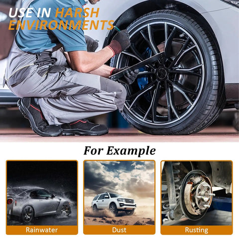 Mechanic installing 20 Pack 17mm Wheel Lug Nut Covers With Removal Tool on a car wheel, highlighted for use in harsh environments.