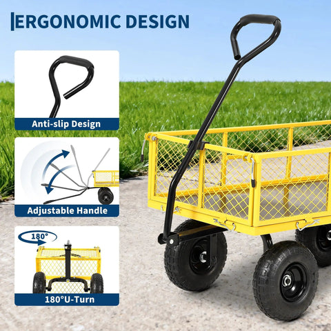 900 Lbs Heavy Duty Garden Wagon Cart With Steel Frame, Removable Mesh Sides, 10 Inch Tires, 180 Degree Handle, Yellow