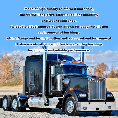 Air Powered Truck Anchor Pin Bushing Kit With Long And Short Driver Sets Two Piece Fits One Three Eighths Inch Anchor Bushings Eleven Point Five Inch Drive Pneumatic Bushing Driver For Easy Removal And Installation displayed on semi-truck background