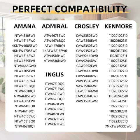Compatibility chart for Universal Washer Suspension Rod Kit Front Load Easy Install No Fuss Replacement W10780045.