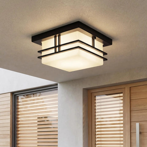 Outdoor Semi Flush Light With A Slick Black Finish, 2 Light Exterior Ceiling Light With Satin Etched Cased Opal Glass