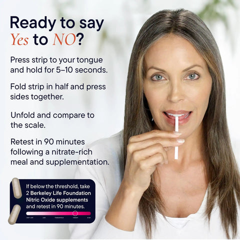 At Home Nitric Oxide Test Strips Kit For Quick Non Invasive Saliva Check Of NO Levels For Men And Women, 50 Individually Sealed Indicator Strips For Daily Health Tracking And Easy NO Insight, woman using strip