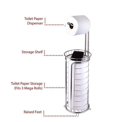 Freestanding Toilet Paper Roll Holder Stand Dispenser with Built In Storage Shelf, Stainless Steel, holds 3 rolls, silver finish.