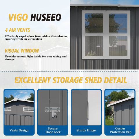 10x14 Foot Galvanized Steel Outdoor Storage Shed With Lockable Door And Window Waterproof Garden Tool Storage detail view