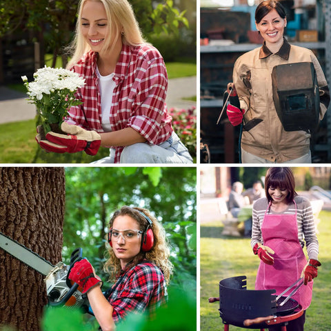Women using Womens Leather Work Gloves Medium Rose Red And Grey Tough As Nails Heavy Duty Cowhide With Cotton Lining Durable Firm Grip For Gardening Welding Construction Chainsaws Farm And Ranch Use