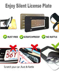 Image showing a set of features for a license plate frame, including rust-free and scratchproof options with no rattle.