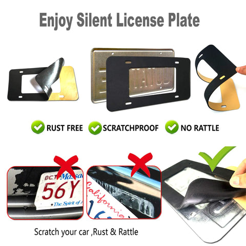 Image showing a set of features for a license plate frame, including rust-free and scratchproof options with no rattle.