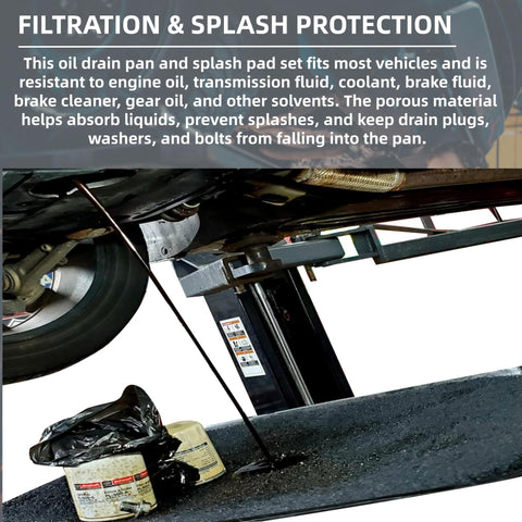 Universal Transmission Drain Pan Kit With No Spill Splash Pads catching oil under a car, showcasing filtration and splash protection.