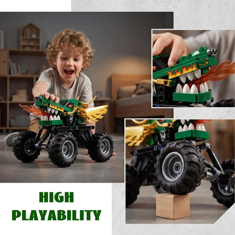 Monster Dragon Truck Building Kit For Kids Green, Kid-Approved DIY Construction Toy Set For Boys And Girls, Imagination-Driven Play, Hands-On STEM Construction, Durable Buildable Truck With Endless Creative Options; child builds green dragon truck