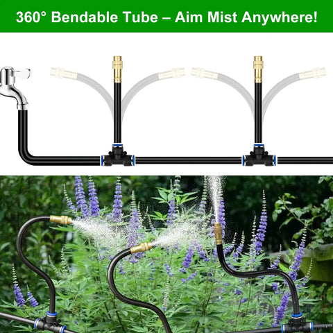 All In One 60 Foot Drip Irrigation System With Solid Brass Connectors And Bendable 360 Degree Tubing in a garden setting