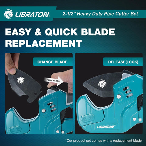 Libraton 2-1/2 in heavy-duty PVC pipe cutter with replaceable blade; turquoise tool shown with blade-change instructions