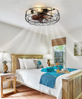 Enclosed 20 Inch Bladeless Ceiling Fan With Light And Remote, Flush Mount Low Profile Industrial Farmhouse Style in bedroom