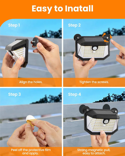Installation steps for Magnetic RV Solar Lights Outdoor 178 LED 800LM Ultra Bright Porch Light With Motion Sensor IP65 Waterproof