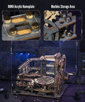 Detailed view of 3D Wooden Marble Run Puzzle Kit for adults with acrylic nameplate and marble storage area, backlit setting.
