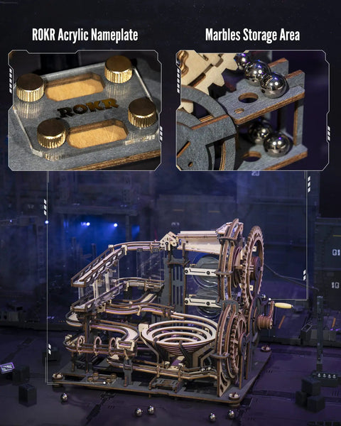 Detailed view of 3D Wooden Marble Run Puzzle Kit for adults with acrylic nameplate and marble storage area, backlit setting.