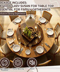 Solid Piece 20 Inch Black Walnut Lazy Susan Serving Tray Featuring A Smooth Operator Rotating Turntable Platform With Heaps Of Space For Condiments And Dinner Parties on tabletop with dinner setting.