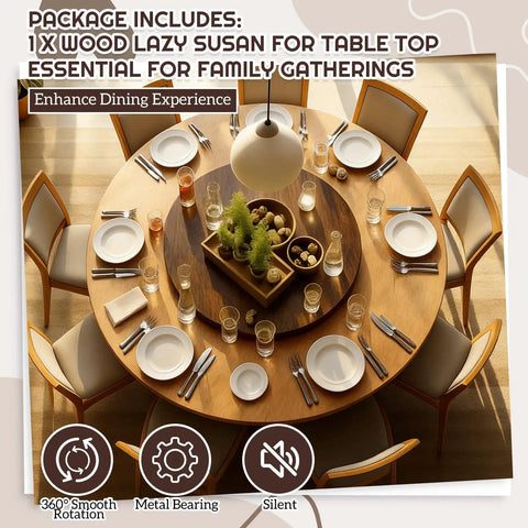 Solid Piece 20 Inch Black Walnut Lazy Susan Serving Tray Featuring A Smooth Operator Rotating Turntable Platform With Heaps Of Space For Condiments And Dinner Parties on tabletop with dinner setting.