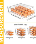 Rolling Egg Dispenser Tray With Lid For Fridge Stackable Clear Plastic Egg Holder Organizer Easy Slide Auto-Roll Design Keeps Eggs Fresh In Refrigerator Pack Of 1 shown with capacity and dimensions