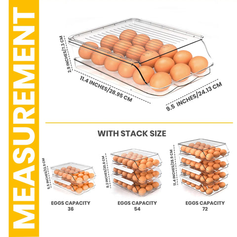 Rolling Egg Dispenser Tray With Lid For Fridge Stackable Clear Plastic Egg Holder Organizer Easy Slide Auto-Roll Design Keeps Eggs Fresh In Refrigerator Pack Of 1 shown with capacity and dimensions
