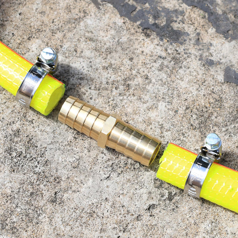 Solid Brass Garden Hose Repair Connector Kit With Half Inch Barb Fittings Dual Head Hose Repair Couplers Includes Stainless Steel Clamps Reusable 2 Pack For Lawn And Yard Watering Easy DIY Fix shown connecting yellow hoses on concrete surface
