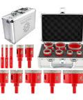 Pro Grade Diamond Core Drill Bit Set With Triangle Shank, 11-Piece Hole Saw Kit displayed with red drill bits and carrying case