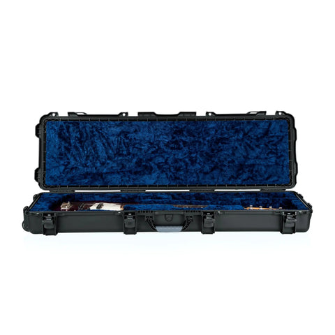 Titan Series Beefy Waterproof Bass Guitar Case for Jazz and Precision Styles IP67 Dustproof and Water Resistant Right Handed Lightweight NK-7 Resin Build ATA-300 Certified for Tough Travel open case with blue velvet lining and bass guitar