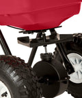 Close-up of rustproof poly hopper and wheels on Big 80lb Capacity Broadcast Spreader for Lawns and Seeds, pre-assembled