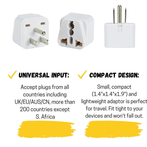 2 Pack Universal Travel Plug Adapter Converts EU UK AU Asia Plugs To US Outlet Ultra Compact 1.4x1.4x1.9 inches