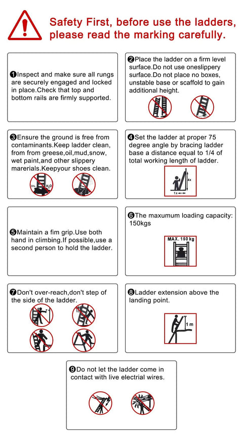 Safety instructions for using Telescoping Extension Ladder 12 and a Half Ft Aluminum Alloy Lightweight Workhorse.