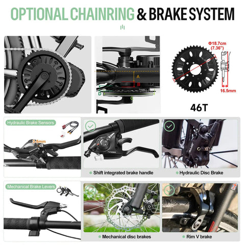 Mid Drive Ebike Motor Kit 1000W 48V 52V CAN Bus With LCD Display USB Programmable showing chainring and brake system