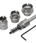 Four Piece Quick Change Carbide Tipped Hole Cutter Set with arbor and hex key
