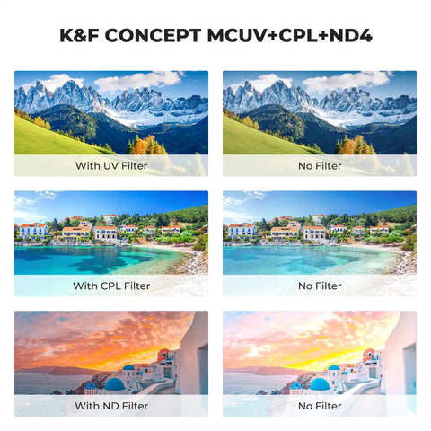 Comparison of landscapes with 67mm UV CPL ND Lens Filter Kit With 18 Multilayer Coatings showing UV, CPL, ND4 filters and no filters.