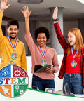 Three students wearing 20 Pack 2 Inch Science Education Medals with Neck Ribbons Bulk Academic Award Prizes celebrating in classroom