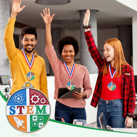 Three students wearing 20 Pack 2 Inch Science Education Medals with Neck Ribbons Bulk Academic Award Prizes celebrating in classroom