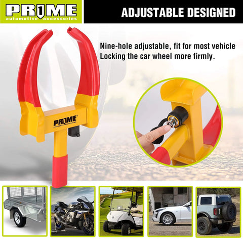 Heavy Duty Trailer Wheel Lock Clamp With 9 Adjustable Positions Universal Wheel Security Lock For Trailers RVs Trucks SUVs Boats ATVs Motorcycles And Golf Carts Includes 2 Keys Yellow Red