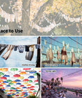 Heavy Duty Outdoor String Light Hanging Kit in various settings, including tree, clothes drying, fish drying, umbrellas, and patio lighting
