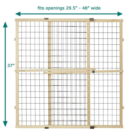 Front view of expandable wire mesh dog gate for doors and hallways, pressure mounted, 29.5 to 40 inch wide, 37 inch tall.