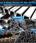 Image displaying various metal types including aluminum, carbon steel, stainless steel, iron, and alloy for versatile welding.