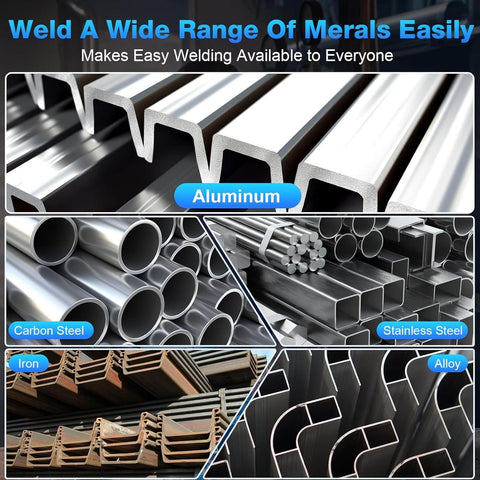 Image displaying various metal types including aluminum, carbon steel, stainless steel, iron, and alloy for versatile welding.