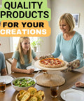 Family enjoying a meal at home with a woman serving pizza, shown with text 'Quality Products for Your Creations'